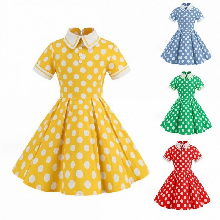 Rakuten - 子供ワンピース キッズ半袖ワンピース ジュニア レトロドレス Aライン ドット柄 水玉柄 子供服 ダンス衣装 フレアワンピース コスプレ 舞台ステージ衣装 社交ダンスウェア cosplay