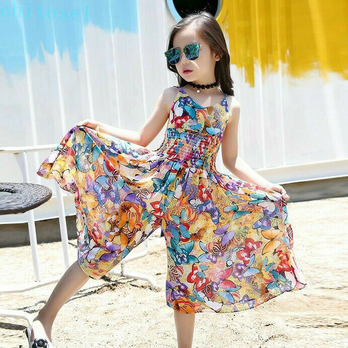 Rakuten - 子供服 オーバーオール 花柄 ワンピース ワイドパンツ ガウチョパンツ ボヘミアン 女の子 プリント サロペット ノースリーブ オフショルダー リゾート おしゃれ 夏 ビーチ 可愛い ジュニア服 卒園式/入学式/パーティ 120 140 150 160 170cm