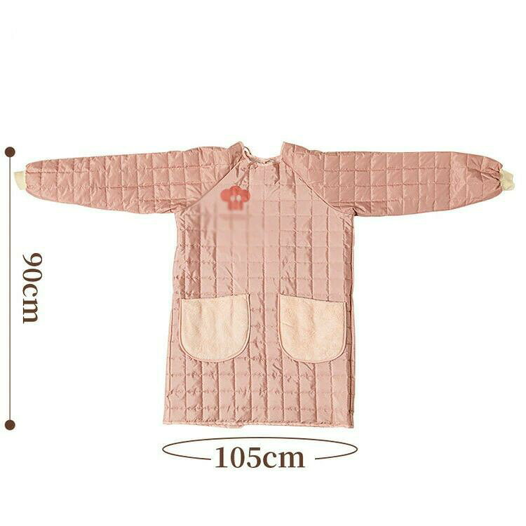 ONOFFshopの割烹着 かっぽう着 中綿入り キルティング 厚手 防寒 あったか 長袖 袖付き エプロン チュニックエプロン 袖口リブ付き 北欧 スモック 秋 冬 後ろ紐結び 撥水 大きめポケット 手拭きタオル 送料無料｜アングル2
