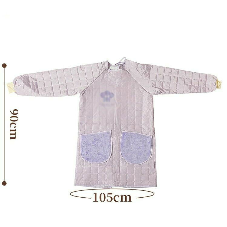 ONOFFshopの割烹着 かっぽう着 中綿入り キルティング 厚手 防寒 あったか 長袖 袖付き エプロン チュニックエプロン 袖口リブ付き 北欧 スモック 秋 冬 後ろ紐結び 撥水 大きめポケット 手拭きタオル 送料無料｜アングル3