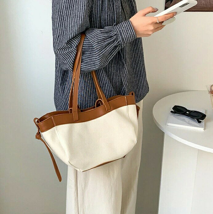 高級感 キャンバスミックス 手提げ ショルダーバッグ