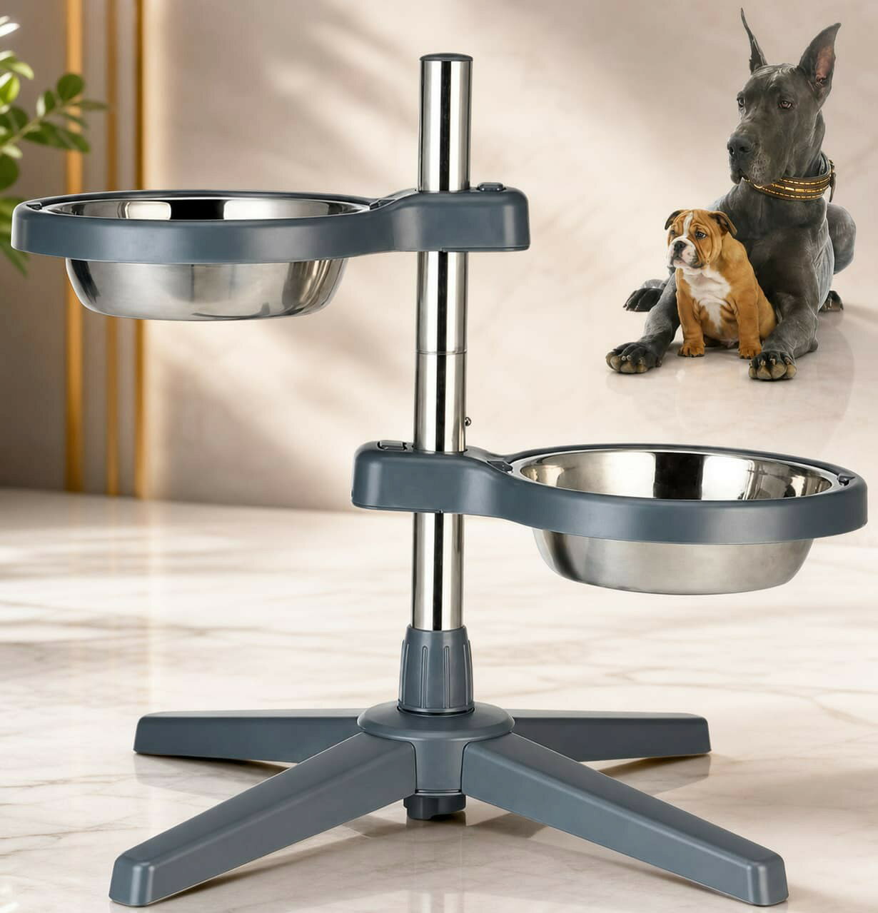 【セット内容】ステンレスボウル2個+食器台 ステンレスボウル直径：16cm、ボウル深さ：5.8cm、製品重量：760g。小型犬、中型犬、大型犬に適しています。【高さ調節可能】食器台の高さは46.5cmまで調節可能なので、ペットの身長に合わせて調整できます。低い姿勢で食事をすることは、ペットの体に様々な負担をかけます。低い姿勢で食べると、食事中や食後に嘔吐することがあります。適切な高さに食器を調整することで、吐き戻しを防止し、より簡単に食べることができます。さらに、ペットの首や腰に負担をかけず、脊椎圧迫を防止します。【安定性が高い】ペットボウルスタンドの底部には、ボウルが移動しないように滑り止めゴムを付けています。また、以前の商品にある「食事中にボウルが動いて食べづらそう」のレビューに対して、今回の商品を改良し、ボウルの置き場にも滑り止めのゴムを追加しました。食器の安定性を高めて、愛犬の食事体験をよくします。【高品質PP&amp;ステンレス素材】ステンレス鋼製で、軽量で割れにくく、錆びにくく、耐久性に優れています。プラスチック製のスタンドもボウルも丸洗いできますので、いつでも清潔に保ち、お手入れ簡単です。【お手入れも簡単】取り外せるステンレスボウルは従来の商品と同様で、簡単に外せて洗えます。.ペット 用 ボウル は 犬 用 の 食器 台 で 昇降 式 で 高さ が 46.5 cm まで 調節 可能 です。 ステンレス 製 の 大容量 1200 ML 2 個 セット で 安定 感 抜群、 滑り 止め スタンド 付き の ため 小 中 大型 犬 に 最適 な 食器 台 です。。 指定された配送時間は承っておりません。【ツボラボ】 不良品についての説明基づいて掲載しています