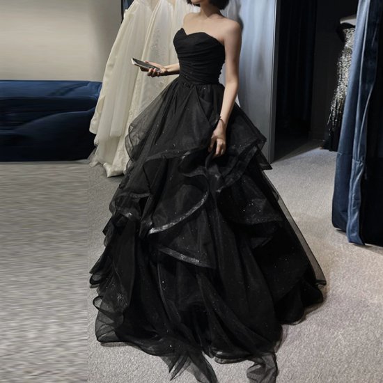 チューブトップ 結婚式ドレス ワンピース 肌見せ フリル ブラック ハイ 黒 ロング パーティードレス レディース 肩出し マキシ丈