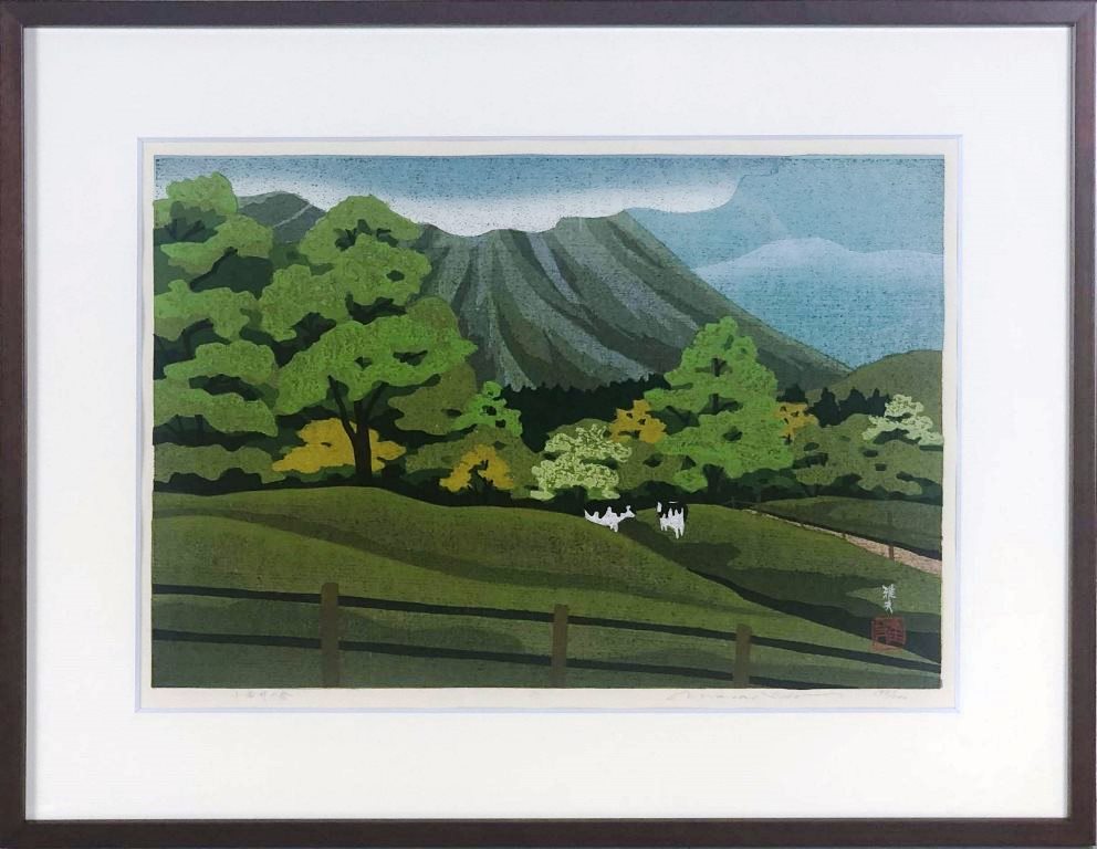 木版画 作品名　小岩井の春 作家　井堂雅夫 寸法　41×52.5cm サイン有り　限定 199/200 1945〜2015　中国生　後盛岡で育つ 作品の状態は良好　額は新品 「盛岡の四季」より作品解説中、寸法については、額縁込みの最大寸法　縦(cm)×横(cm)の順になっており、絵のみの大きさは画面から判断してください