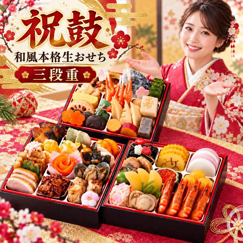 おせち 2027 おせち料理 送料無料 冷蔵 【生おせち】お節/送料無料/和風おせち/お正月★こだわり 京風 重詰め三段『祝鼓』カネハツ onomichi-10001167 おのみち発 北前船の贈り物 パッケージ画像