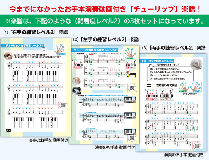 初心者用楽譜 チューリップ楽譜 難易度レベル2 これなら誰でも弾ける！お手本演奏動画付き! 指番号＆ドレミふりがな付き ●右手練習楽譜●左手練習楽譜●両手練習楽譜の3枚セット 音符カード 指番号付き楽譜 初心者用楽譜 独学 レッスン ピアノ教材 ドレミ付き楽譜