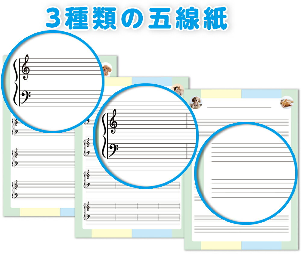 五線紙 業界初！仮加線付き3種類の五線紙 「大譜表・大譜表と小節線・五線のみ」の3種類の各5枚で合計15枚をご用意しました。 Aサイズ 五線紙 五線用紙 五線譜用紙 ピアノ五線譜 鍵盤 初心者 独学 音楽 教材 レッスン用品