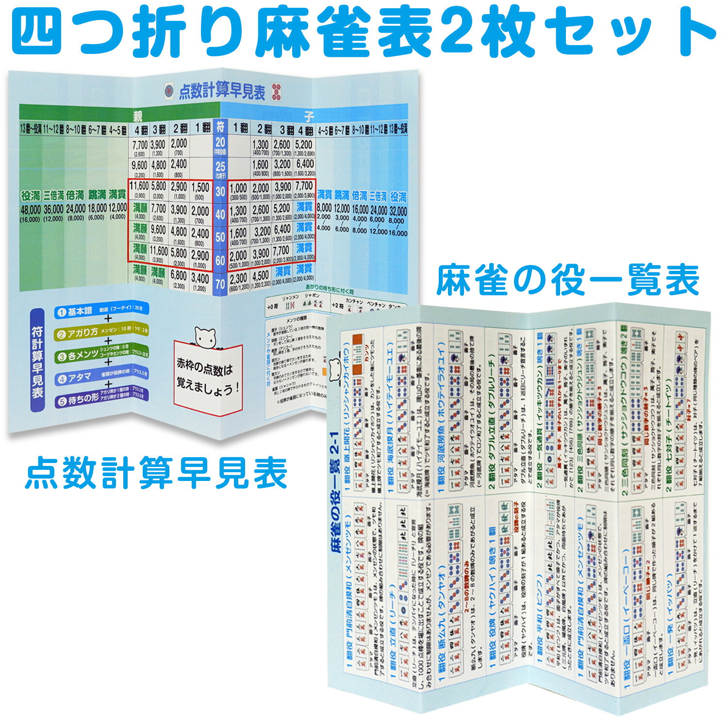 麻雀点数四つ折りお財布サイズ2枚セット点数計算早見表 麻雀点数計算 麻雀教材 点数早見表　麻雀点数計算 麻雀点数 マージャン