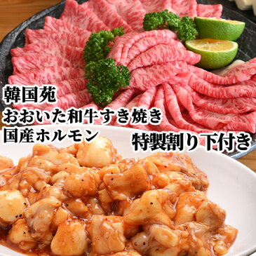 肉質4等級以上 おおいた和牛すき焼き&秘伝のタレに漬け込んだ 国産ホルモン 特製割り下付き (牛肉 約500g 割り下 300gホルモン200g×3) 韓国苑 【送料込】