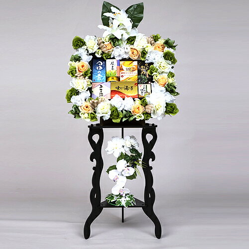 菊家の籠盛 初盆会 御供 矢立 8点(粉末うどんスープ 甘酒 緑茶 ライトツナフレーク油漬 味つき海苔 濃厚コーンポタージュ 豚汁 カットわかめ) 初盆 法事 お供え KH-100 【送料込み価格】のサムネイル