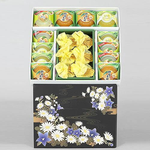 菊家の籠盛 初盆会 御供 矢立 18点(県産ゼリー(マリンレモン 庄内の赤梨 杵築の美娘) はちみつぷりん) 御供ギフト KG-100 【送料込み価格】のサムネイル