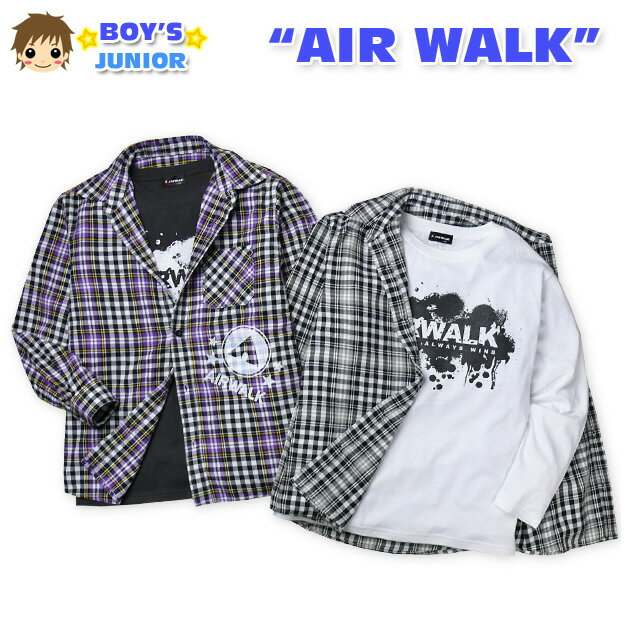 【男児ジュニア】AIR WALK ロゴプリント入チェック柄シャツ×長袖Tシャツアンサンブル【140cm】【150cm】【160cm】