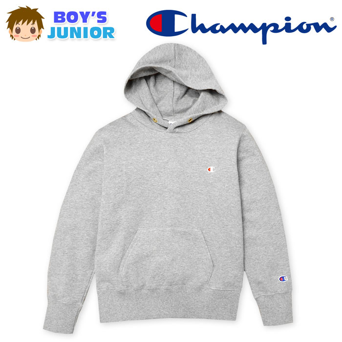 【送料無料】男児 ジュニア Champion/チャンピオン 裏毛 長袖 プルパーカー 無地 ロゴ刺繍 カンガルーポケット 子供服 男の子 140cm 150cm 160cm a-1809a-gy【メール便対応】