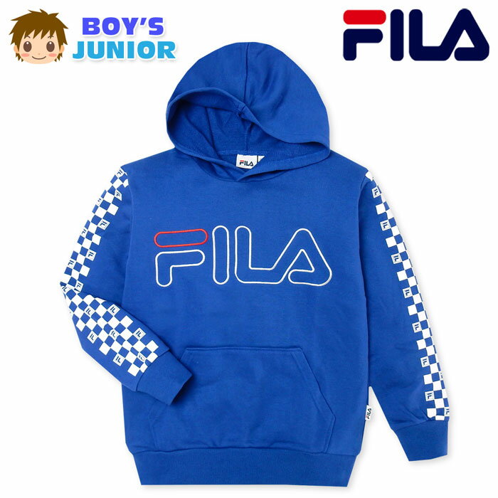 【送料無料】男児 ジュニア 裏毛 プルパーカー FILA/フィラ スウェット ブロックチェック柄 ロゴ刺繍 子供服 男の子 140cm 150cm 160cm td-0009b-bl【メール便対応】