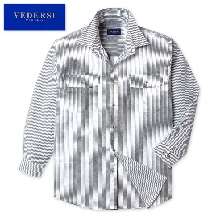 Chambray Shirts - 【送料無料】紳士 メンズ 綿100％ 長袖 シャツ ヒッコリー柄 ストライプ 胸ポケット M L LL ys-0010b-nv【メール便対応】