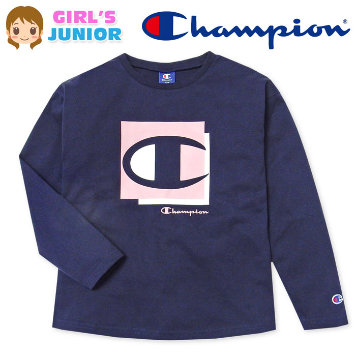 Print - 【送料無料】女児 ジュニア 天竺 長袖 Tシャツ Champion/チャンピオン ゆったりシルエット ロゴプリント 刺繍 綿混 子供服 女の子 140cm 150cm 160cm td-0513b-nv【メール便対応】