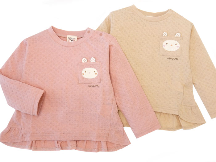 【送料無料】女児 ベビー 天竺 長袖 Tシャツ ジャガード うさぎ 胸ポケット スナッ...
