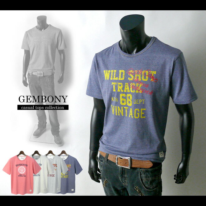 Rakuten - 【送料無料】【GEMBONY】カレッジロゴクラックプリント杢カラー半袖Tシャツ【メール便対応】