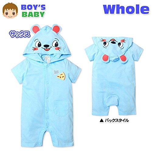 【送料無料】ベビー服 男の子 着ぐるみ ロンパース 半袖 ネズミ顔付き 耳付き ロゴプリント スナップボ..