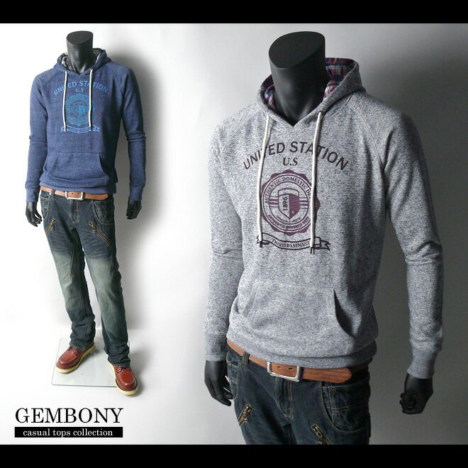 乐天商城 - 【GEMBONY】カレッジプリントチェック布帛切替裏毛長袖プルパーカー