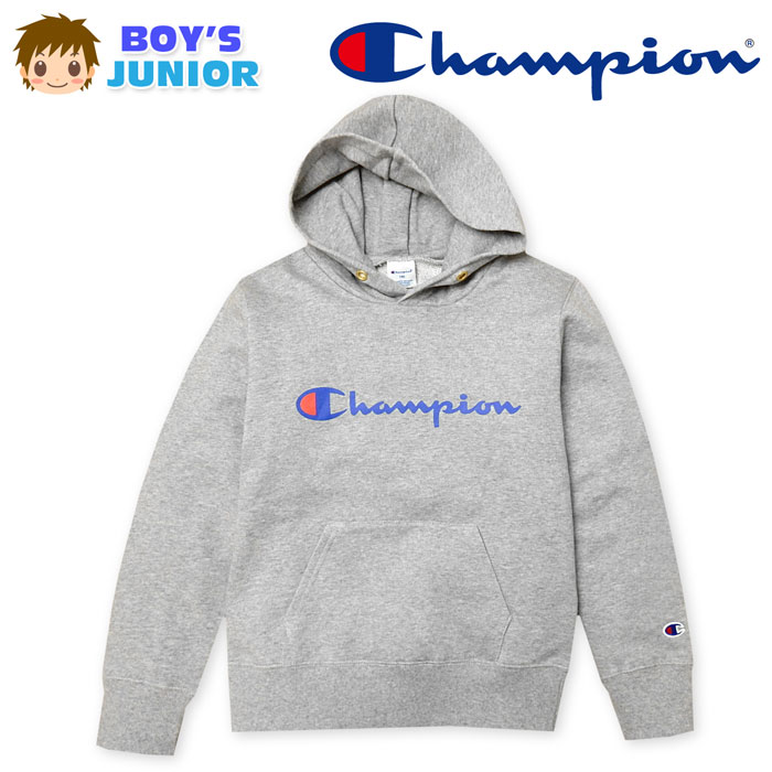 乐天商城 - 【送料無料】男児 ジュニア Champion/チャンピオン 裏毛 長袖 プルパーカー ロゴプリント 刺繍 カンガルーポケット 子供服 男の子 140cm 150cm 160cm a-1827a-gy【メール便対応】