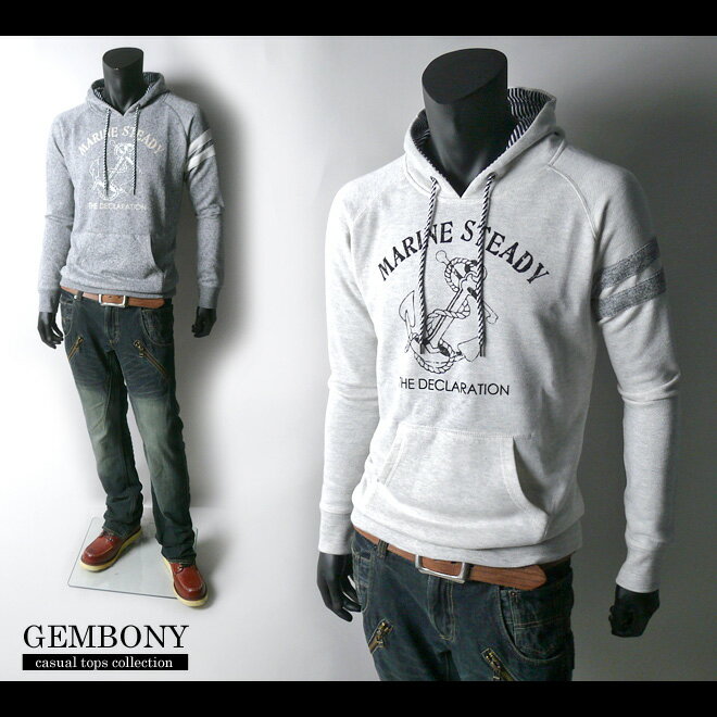 Rakuten - 【紳士メンズ】【パーカー】【GEMBONY/ジェムボニー】カレッジプリントボーダー布帛切替裏毛長袖プルパーカー