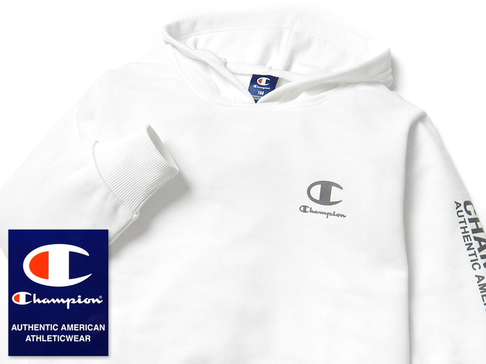 【送料無料】男児 ジュニア 吸汗速乾 長袖 スウェット パーカー Champion/チャンピオン 裏毛 プルオーバー ロゴ 子供服 男の子 140cm 150cm 160cm td-0744a-wt【メール便対応】