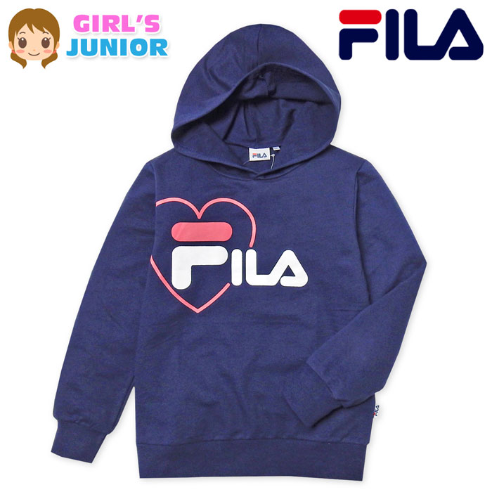 【送料無料】女児 ジュニア ミニ裏毛 長袖 スウェット パーカー FILA/フィラ ハート＆ロゴ 薄手 子供服 女の子 140cm 150cm 160cm td-0358b-nv【メール便対応】