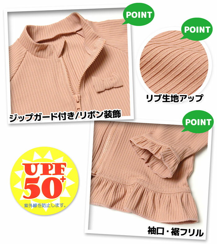 【送料無料】女児 ベビー UVカット 長袖 ラッシュガード フルジップ 水着 スイムウ...