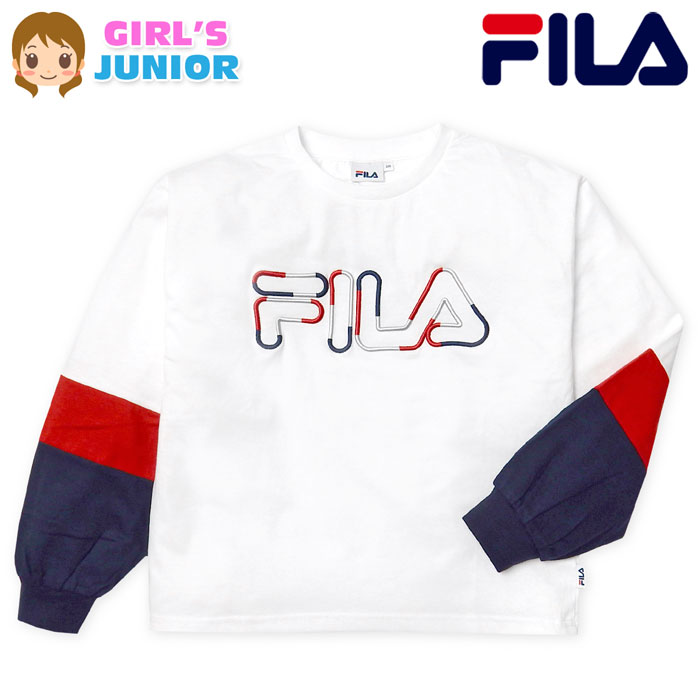 乐天商城 - 【送料無料】女児 ジュニア FILA/フィラ 長袖 Tシャツ 綿混 ゆったりシルエット ロゴ刺繍 三段切替 子供服 女の子 140cm 150cm 160cm td-0666a-wt【メール便対応】