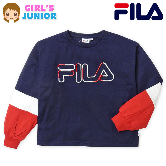 Rakuten - 【送料無料】女児 ジュニア FILA/フィラ 長袖 Tシャツ 綿混 ゆったりシルエット ロゴ刺繍 三段切替 子供服 女の子 140cm 150cm 160cm td-0666b-nv【メール便対応】