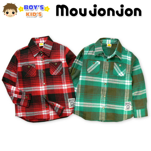 乐天商城 - 【送料無料】【男児キッズ】moujonjon ロゴ刺繍タグ装飾 ビエラチェック柄長袖シャツ【100cm】【110cm】【120cm】【130cm】【メール便対応】