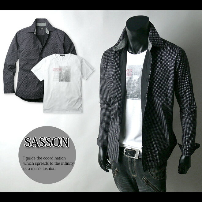 乐天商城 - 【紳士メンズ】【アンサンブル】【SASSON】グラフィックTシャツ付きドット柄シャツアンサンブル