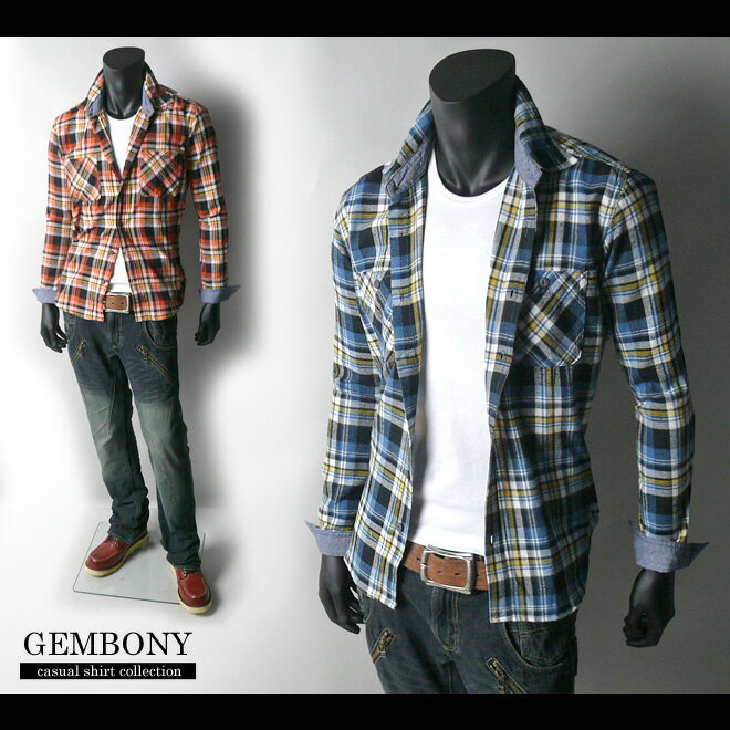 乐天商城 - 【GEMBONY】タータンチェック柄ダンガリー切替長袖ビエラシャツ
