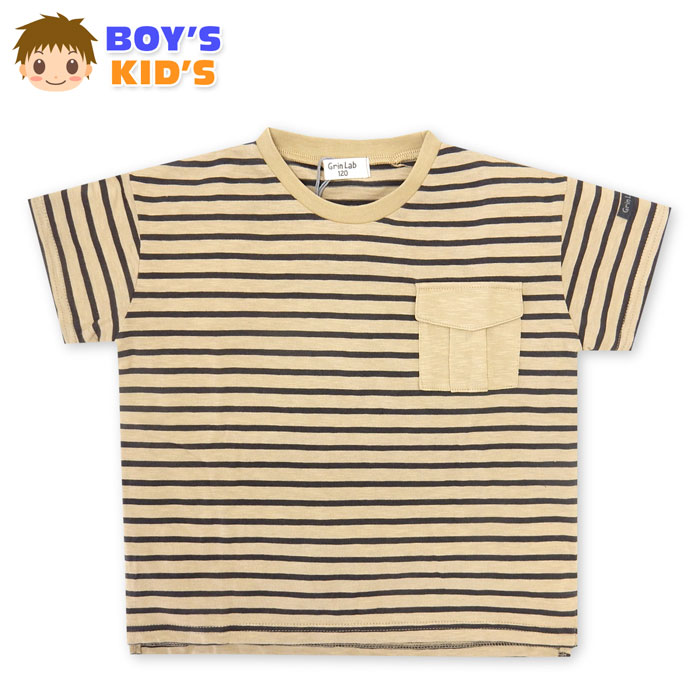 【送料無料】男児 キッズ 綿混 半袖 Tシャツ 天竺素材 先染めボーダー柄 胸ポケット スラブ生地 タグ装飾 子供服 男の子 110cm 120cm 130cm iw-0182a【メール便対応】