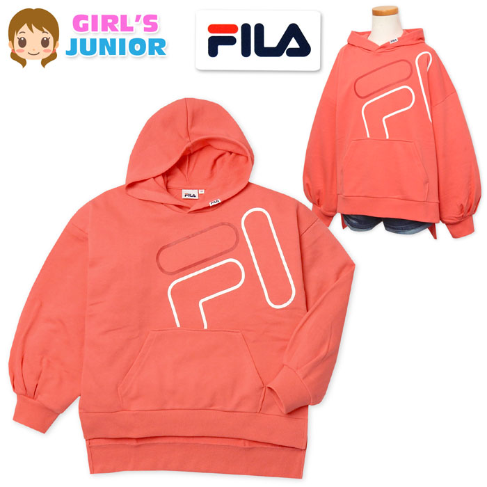 【送料無料】女児 ジュニア 裏毛 プルパーカー FILA/フィラ スウェット ゆったりシルエット ボリューム袖 段差裾 ロゴ 子供服 女の子 140cm 150cm 160cm td-0187b-pk【メール便対応】