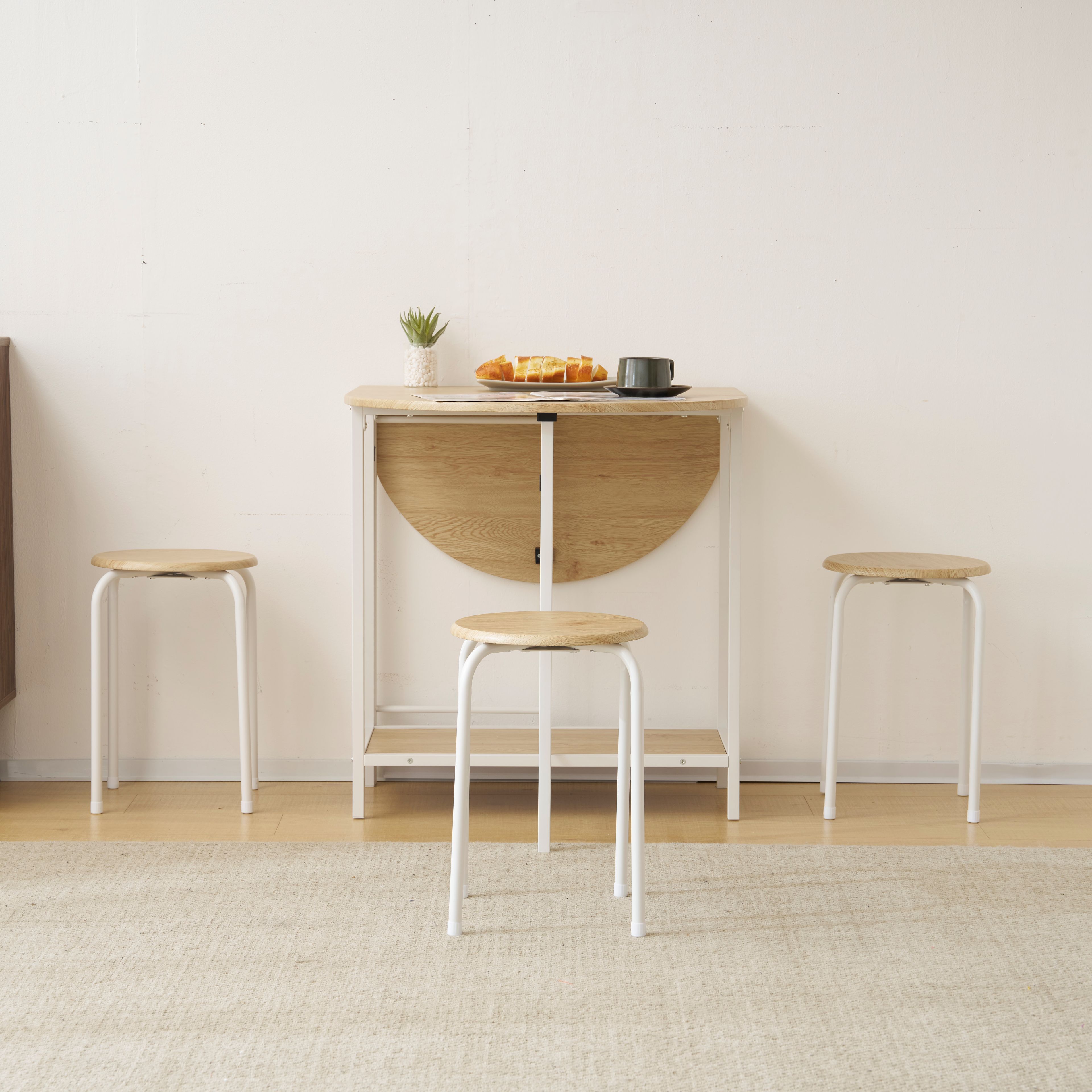 5点セット 折りたたみ式 ダイニングテーブル 円形テーブル＋チェア4脚 コンパクト収納 おしゃれ 北欧風 モダンデザイン MDF×スチール ナチュラル(3)