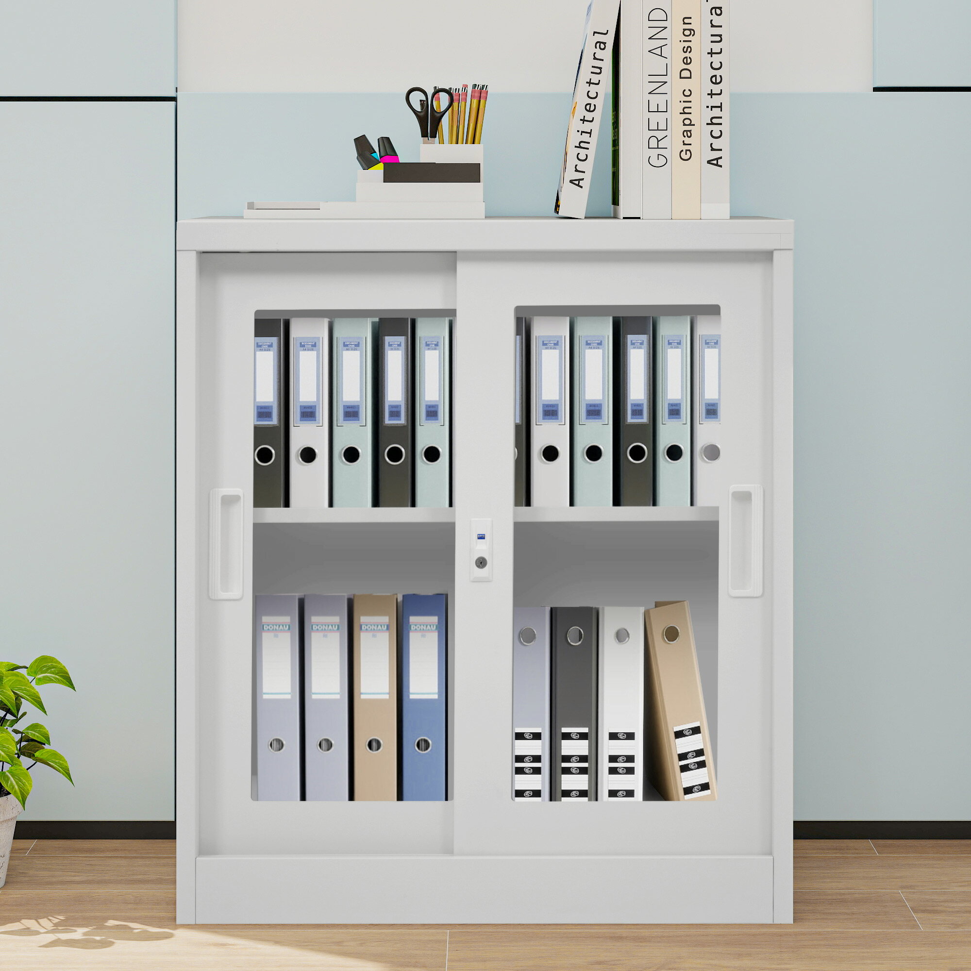 スチール書庫 両開き 引き戸タイプ 鍵付き 書類保管庫 大容量収納 幅95cm ホワイト 可動棚 A4対応 オフ..