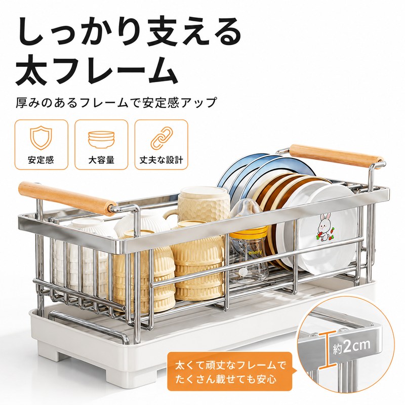【次回使える500円クーポン特典】水切りラック シンク上【ステンレス製・大容量】水切りかご 食器ラック 水受けトレー付き お皿立て カップ収納 茶碗収納 防錆 省スペース 組立不要 両側取っ手 木目調ハンドル シンク周り キッチン収納 台所 食器収納 送料無料 onten-shop-10000358 恩典ショップ サンプル画像3