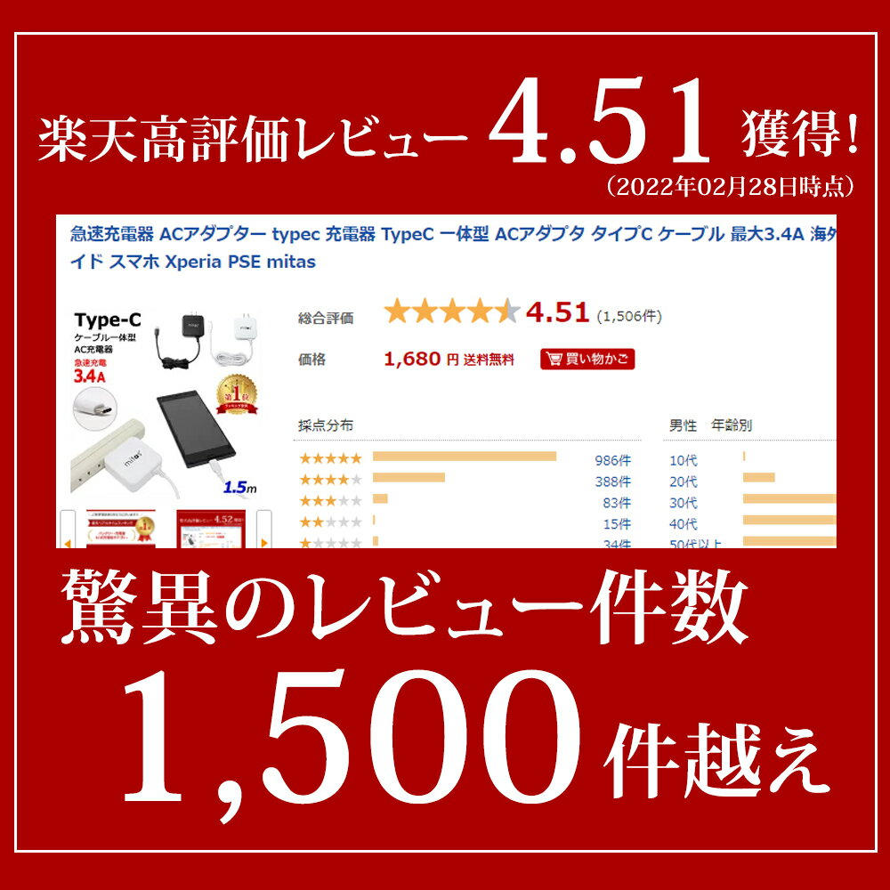 【mitas公式】急速充電器 ACアダプター typec 充電器 Type C 一体型 ACアダプタ タイプC ケーブル 最大3.4A 海外OK Type-C AC コンセント アンドロイド スマホ PSE