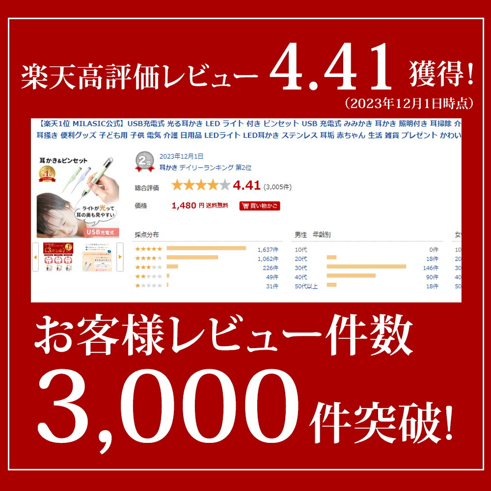 【15日限定★最大100%ポイントバック★要抽選エントリー】 【楽天1位 MILASIC公式】リニューアル USB充電式 光る耳かき LED ライト 付き ピンセット USB 充電式 みみかき 耳かき 照明付き 耳掃除 介護耳かき 耳掻き 便利グッズ 子ども用 子供 電気 介護 日用品 LEDライト LED 3