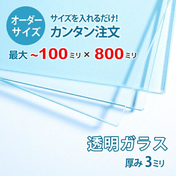 【オーダーサイズ】透明ガラス厚さ3ミリ：100ミリ×800ミリ以内のガラスのサイズオーダー製作：全周糸面..