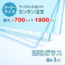 ■この商品について透明ガラス(フロートガラス)は、ガラスの中でも最も一般的に使用されているガラスです。テーブル天板の傷や汚れ防止のためにテーブルの上にのせるガラス天板や、窓や家具のガラス、洋服店などのお店の商品陳列棚としてよく利用されています。■ガラスの断面の加工についてガラスの切断面は手が切れないように安全にする糸面取りを施してあります。通常ガラスの切断面は手が切れやすくなっていますが、糸面取りをすることで手が切れる心配もありません。安全にお取り扱いいただけます。■製作可能な条件について最大サイズは70×180センチまで製作可能です。※ご購入はミリ単位での指定が出来ます。■ご購入方法についてオーダーメイド指定をいただくサイズをご記入の上、ご注文ください。■送料について全国一律で配送料無料です。■納期についてご注文からお届けは1週間程度でお送りしています。※ゴールデンウィークやシルバーウィーク、年末年始などの長期休暇の場合、お時間がかかる場合があります。■保証のサービスについて3つの安心保証があるので安心してご注文いただけます。(1)運送中に破損しても保証配送中の破損（割れ、ヒビ、欠け等）は、商品到着後14日以内にご連絡下さい。最短納期で新しい商品と交換します。(2)サイズを間違えても保証お客様が誤ってガラスのサイズを間違えた場合でも商品到着後90日以内なら、最大20,000円まで当社負担で再製作します。(3)ご自身でガラスを割っても保証お客様が誤ってガラスを割られた場合でも商品到着後90日以内なら、割れたガラスの再製作に必要な代金を最大30,000円まで当社負担で製作します。