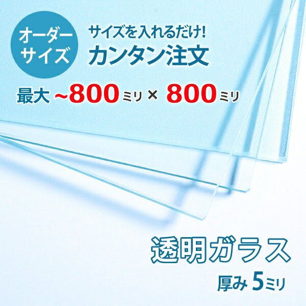 ■この商品について透明ガラス(フロートガラス)は、ガラスの中でも最も一般的に使用されているガラスです。テーブル天板の傷や汚れ防止のためにテーブルの上にのせるガラス天板や、窓や家具のガラス、洋服店などのお店の商品陳列棚としてよく利用されています。■ガラスの断面の加工についてガラスの切断面はツヤが出て高級感がアップするミガキ加工を施してあります。通常ガラスの切断面は手が切れやすくなっていますが、ミガキ加工をすることで手が切れる心配もありません。安全にお取り扱いいただけます。■厚さ10ミリ以上をお求めのお客様へテーブル天板やガラスの棚に使うために厚さ10ミリのガラスをお求めの方もいらっしゃいますが、8ミリでも問題ないケースがほとんどですので8ミリをお選びください。■製作可能な条件について最大サイズは80×80センチまで製作可能です。※ご購入はミリ単位での指定が出来ます。■ご購入方法についてオーダーメイド指定をいただくサイズをご記入の上、ご注文ください。■送料について全国一律で配送料無料です。■納期についてご注文からお届けは1週間程度でお送りしています。※ゴールデンウィークやシルバーウィーク、年末年始などの長期休暇の場合、お時間がかかる場合があります。■保証のサービスについて3つの安心保証があるので安心してご注文いただけます。(1)運送中に破損しても保証配送中の破損（割れ、ヒビ、欠け等）は、商品到着後14日以内にご連絡下さい。最短納期で新しい商品と交換します。(2)サイズを間違えても保証お客様が誤ってガラスのサイズを間違えた場合でも商品到着後90日以内なら、最大20,000円まで当社負担で再製作します。(3)ご自身でガラスを割っても保証お客様が誤ってガラスを割られた場合でも商品到着後90日以内なら、割れたガラスの再製作に必要な代金を最大30,000円まで当社負担で製作します。