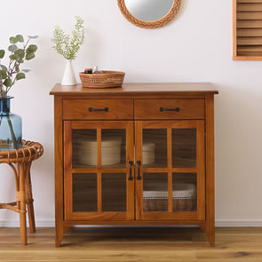 ＼15%OFFクーポン配布中／ キャビネット おしゃれ 収納 ブラウン 茶 天然木 ガラス 引出し 完成品 モダン レトロ 送料無料