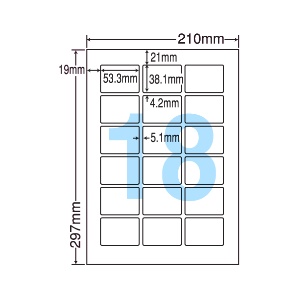 メーカー nana（東洋印刷） ラベルタイプ 再剥離 シートサイズ A4 （210mm&times;297mm） ラベルサイズ 53.3mm&times;38.1mm 面数 18面（3&times;6面） 単位／入数 1箱／500シート 入数違い100シート同一レイアウト商品一覧 同じサイズ・面数で性質の違う商品を案内しています。 LDW18PCFの同一レイアウト商品一覧をご覧ください。