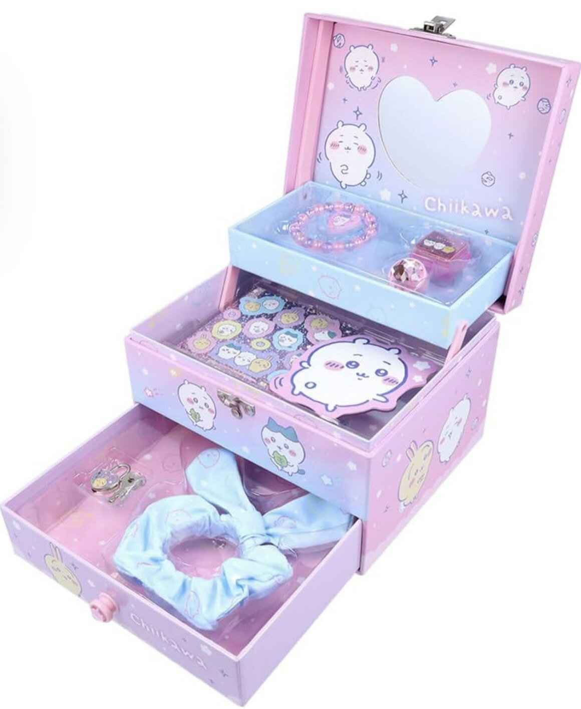 ひみつのちいかわボックス ちいかわおもちゃ こども 子供 女の子 人形遊び ちいかわのおもちゃ ちいかわ文具 オモチャ サンスター文具 スタンプ シュシュ ブレスレット シール 鍵付きボックス 3段 なんか小さくてかわいいやつのサムネイル
