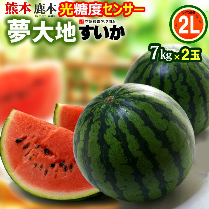 内容 夢大地　鹿本のスイカ （2L×2玉/計14-16kg） 産地 熊本県 賞味期限 生ものですので、お届け後はなるべく早めにお召し上がり下さい。 目安として5日前後はお日持ちします。 保存方法 涼しい場所で常温保存 調理方法 お召し上がりの数時間前に冷蔵庫で冷やしてお召し上がり下さい。 送料 送料込 ※北海道・沖縄・離島地域への配送は追加1,200円が必要となります。 注意事項 　　 【配送業者：ヤマト運輸】 特記事項 ●お客様のご都合により商品のお受け取りができない場合、送料・商品代をご負担いただく場合がございます。ご了承の上、ご注文ください。 【検索キーワード】 スイカ、すいか、西瓜、熊本、熊本すいか、大玉、高糖度、鮮度、シャリ感、送料無料、秀品【熊本すいか 夢大地鹿本・2L2玉】 光センサー糖度11度以上!! 熊本県産 鹿本(かもと)の大玉すいか ・熊本県はスイカ生産量日本一！ なかでも、高い信頼を獲得しているトップブランドが、この「夢大地かもとスイカ」。 　 同じ熊本スイカでも、鹿本（かもと）産とそれ以外に分けて扱われるケースも少なくありません。 熊本「夢大地かもとスイカ」は、実を割らずに果肉の糖度を計測できる最新の光センサー設備で糖度11度以上の玉だけに選別した厳選品！ハズレのない確かな甘さと高品質が魅力の大玉スイカブランドです。 さらに、光センサーによる空洞検査済みのため、実詰まりも確かであんしん。切ったらスカスカ!?なんて心配もしなくていいんです。 ・スイカの季節と言えば、 真夏をイメージしますが、熊本県産スイカは春先4月に登場！他産地に先がけてスタートし〜6月頃まで続きます。暑さが始まるゴールデンウィーク頃に食べられるのが本当にうれしいですね！ ・この時期のスイカはまだ甘くない？と思われるかもしれませんが、4月5月は日中が暑く→朝晩はよく冷え込みます。この昼夜の気温差がスイカを甘くするんです。実もギュッと締まり、シャキっとした食感も抜群！熊本産スイカの最盛期は5月です。 ・すいかのサイズはお決まりですか？ 例えば、店頭販売で見かける小玉スイカ（ひとりじめ等）は、重さ2kg程が目安となります。 現在ご案内の大玉スイカは2Lサイズ、 1玉の重さ7kg以上〜8kg未満の規格です。 2L玉はグッと立派な印象！このサイズからは丸ごと玉のままでは、あまり店頭に並ばない大玉なので、インパクトあります！ 標準的な熊本スイカよりも販売価格は高くなりますが 、失敗しない大玉スイカ選びには「夢大地かもと」ブランドがお勧めです！ スイカの配送は安全第一！輸送事故が起きないように 緩衝材をしっかり詰めて巻いて、厳重に梱包お届けします。 光センサーで糖度11度以上！熊本県産のブランド大玉スイカ 【夢大地かもとスイカ・2L2玉】 グッと印象UP!!立派な大玉です。