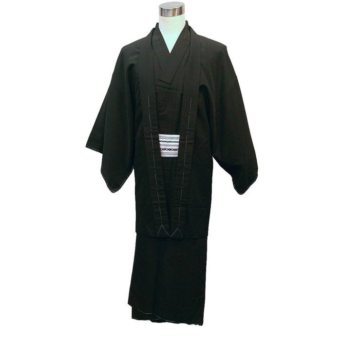 男きもの+羽織+ワンタッチ角帯。3点セット。黒無地・Мサイズ。アンサンブルセット