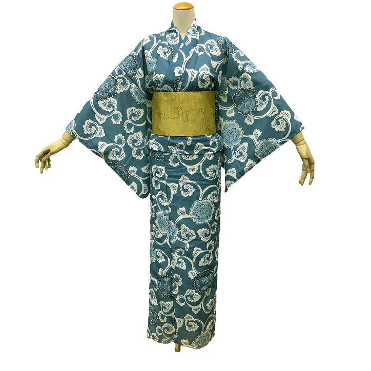 きもの FASHION 大岡 楽天市場店の浴衣 レディース 仕立上がり 夏紬 ポリエステル 和遊日 昭和レトロ No,04 青緑地 × 花柄（唐草風)、夏祭り イベント 花火 盆踊り 旅行などいろいろなシーンで大活躍。あえて色数を抑えたダスティカラーゆかた シャリ感 洗濯OK 速乾 お手入れ簡単 涼しい 夏和装 39ショップ｜アングル3